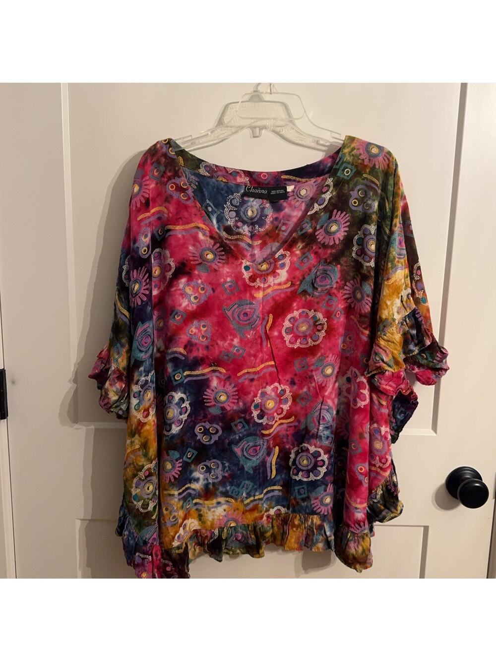Channa Tunic Blouse One Size Multicolor Floral Tie Dye Ruffle Boho Festival Top